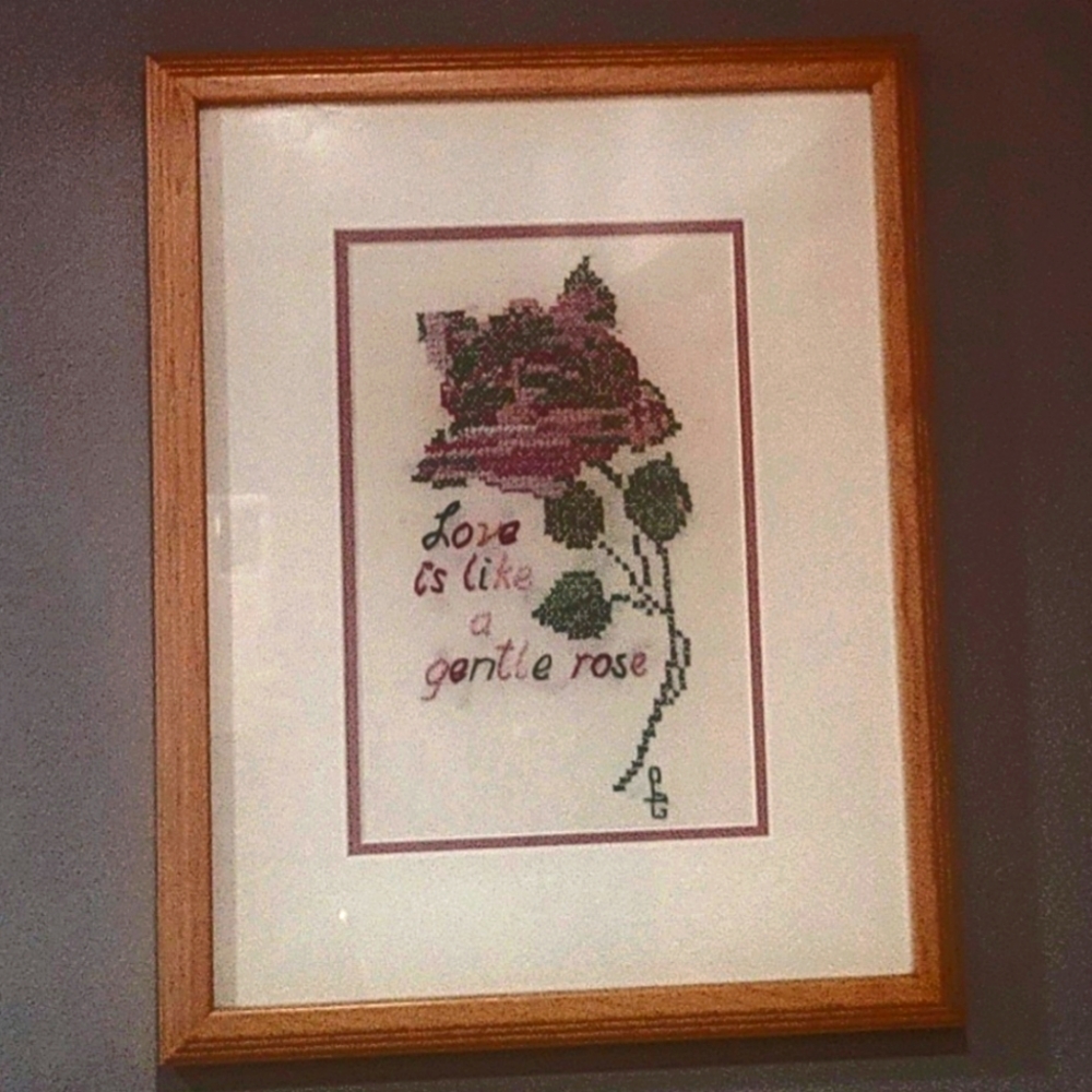 11X14 FINISHED CROSS STITCH WALL DECOR "LOVE IS LIKE A GENTLE ROSE UNIQUE